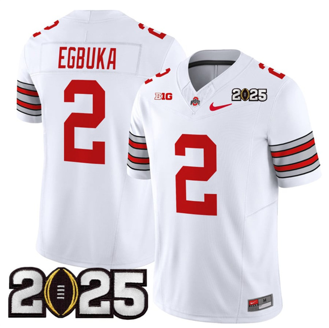 Men Ohio State Buckeyes #2 Emeka Egbuka White 2025 CFP Final Patch F.U.S.E. Vapor Limited Stitched NCAA Jersey